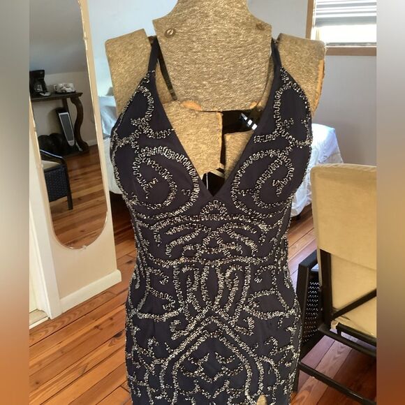 JASZ COUTURE 6 BLUE PLUNGING V NECK BEADED HIGH SLIT PROM PAGEANT FORMAL GOWN - Picture 3 of 10